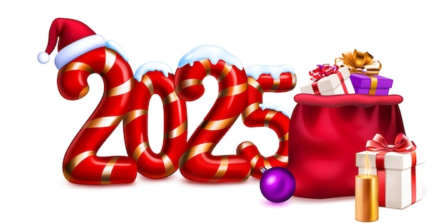 Large red stylized number 2025 sprinkled with snow on top with a festive Christmas design reminiscent of a candy cane with Santa hat and bag of gifts with soft shadow on a white background