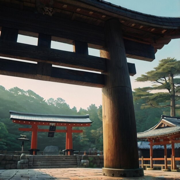 Vector a large red torii gate with a mountain behind it