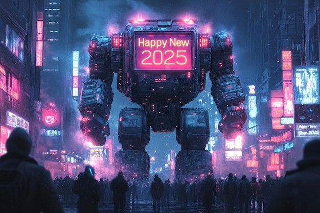 Vector a large robot with the words happy new year on it