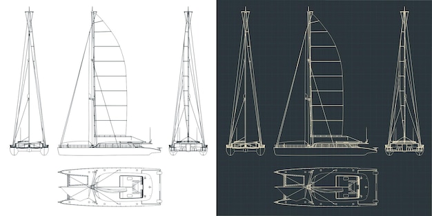 Vector large sailing catamaran technical drawings