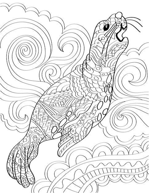 Large sea lion looking up growling with swirly background colorless line drawing huge seal