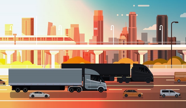 Vector large semi truck with trailers highway road with cars and lorry over city landscape shipment 