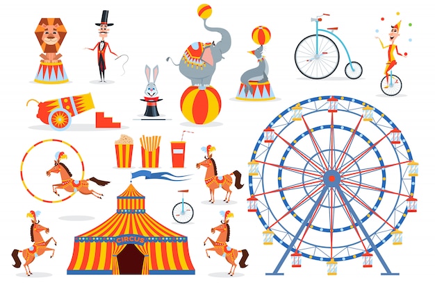 A large set of circus characters and objects