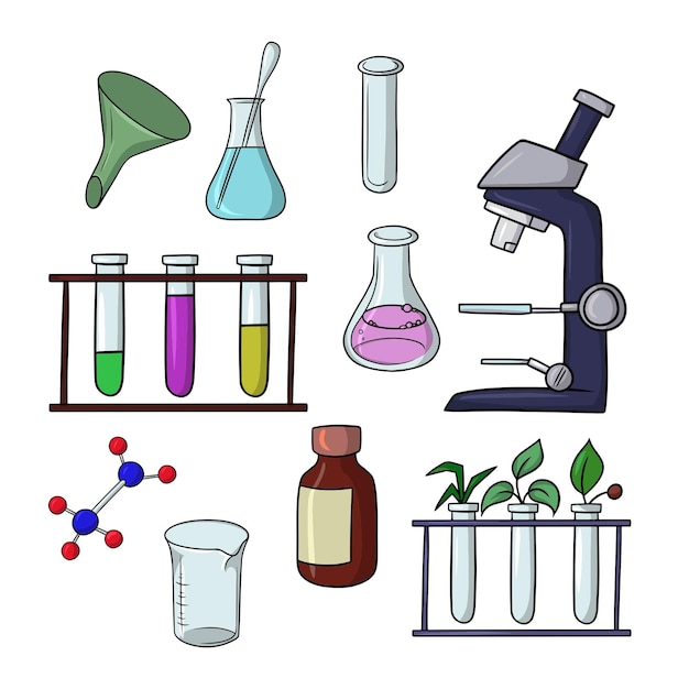 A large set of color icons chemical and biological experiments with a microscope vector cartoon