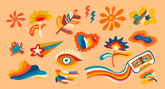 A large set of elements of the retro groove of the 70s cute stickers in the style of funky hippies