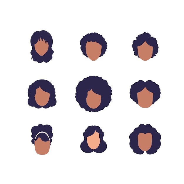 Large Set of Faces Women with different hairstyles and different nationalities Isolated Flat style