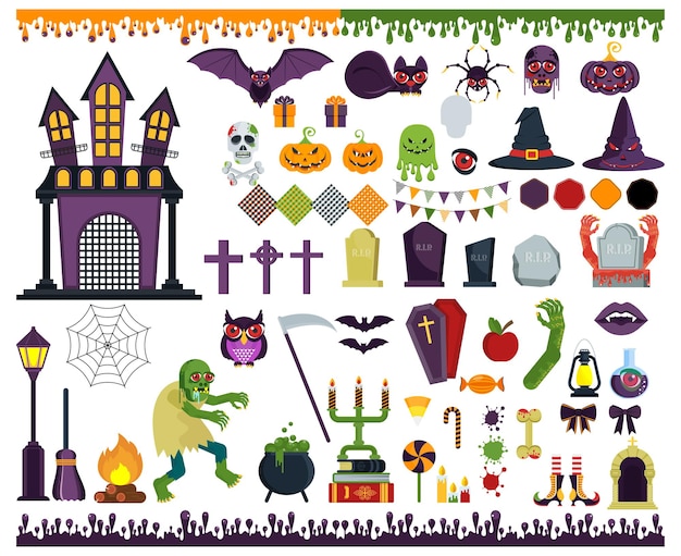 Large set of flat vector icons for decorating greeting and promotional products for Halloween. Sticker, badge and logo in form of monster, pumpkin, ghost or grave in cemetery. Characters and objects.