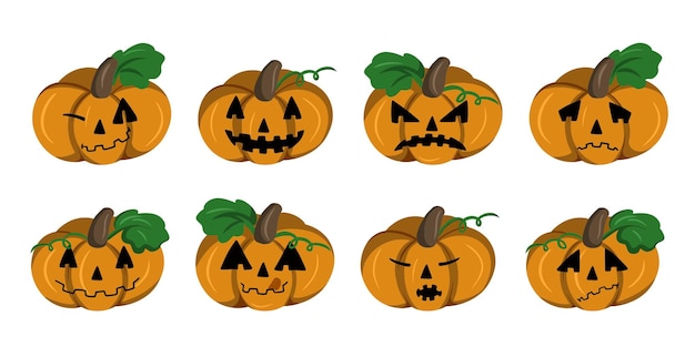 Large Set of icons Festive Pumpkin character Cheerful Pumpkin Angry Pumpkin Cartoon Vector Flat