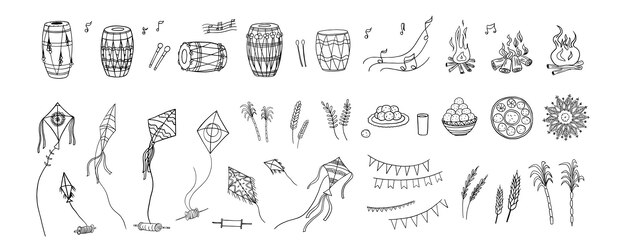 Vector large set of lohri festival objects and symbols indian festival kite rye drums bonfire