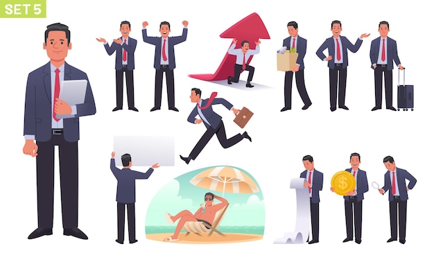 Large set manager character Businessman entrepreneur different poses actions vacation  celebrating