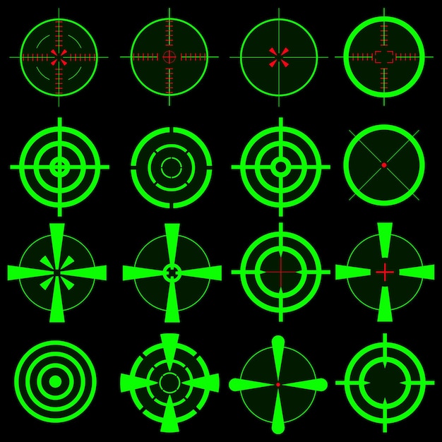 A large set of night snipekskiy sights are green on a black background