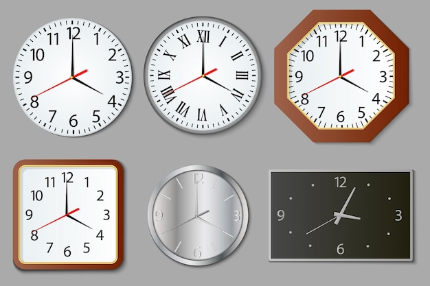 A large set of round and square wall clocks in a realistic style Round and rectangular wall clock