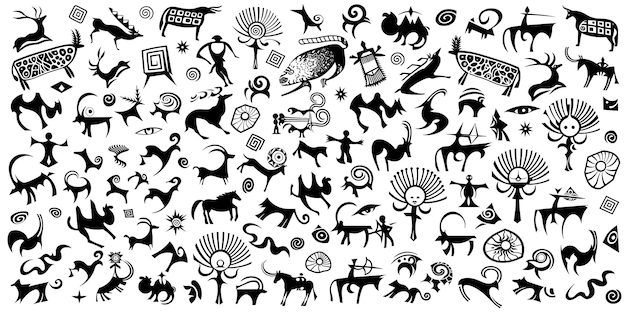 A large set of stylized petroglyphs rock paintings of Central Asia isolated on white background vector design