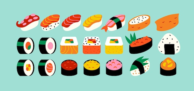 A large set of traditional Asian food. Japanese sushi, sashimi, rolls, onigiri. Food Images