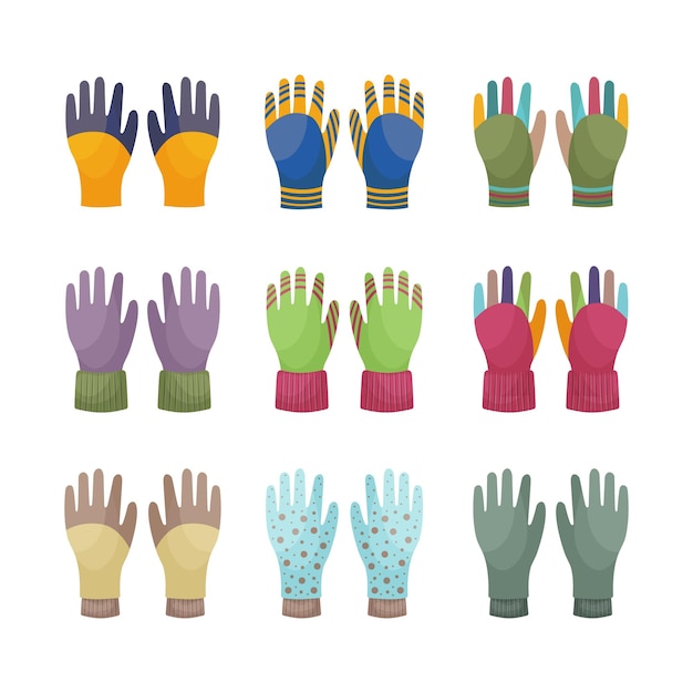 A large set with warm autumn knitted gloves of different colors Bright gloves to protect your hands from the cold for walking in autumn and winter weather Vector illustration on a white background