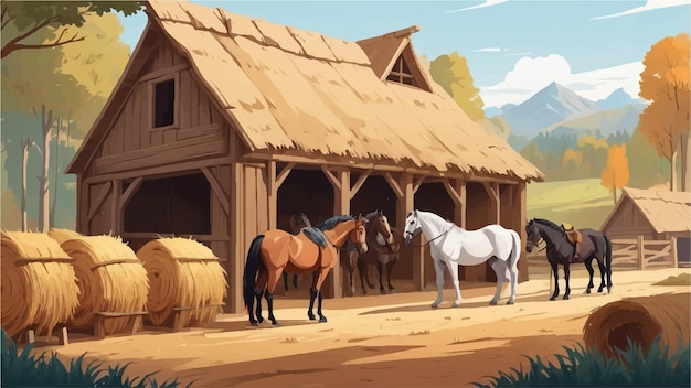 Large Stable with Royal Horses Haystacks and Wooden Beams in Rustic Cartoon Style