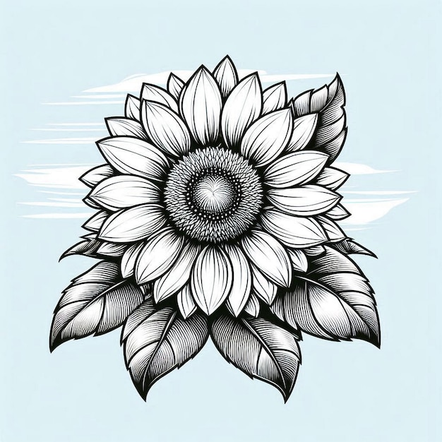 Vector a large sunflower with bold petals and leaves set against a simple sky background