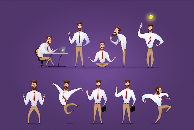 Large vector set of businessman character poses, gestures and actions.