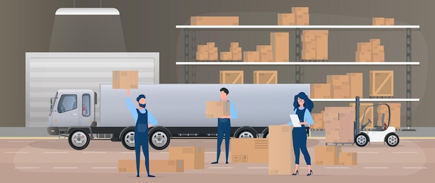 Large warehouse with drawers. Movers carry boxes. The girl with the list checks availability. Big truck. Carton boxes. The concept of transportation, delivery and logistics of goods. Vector.