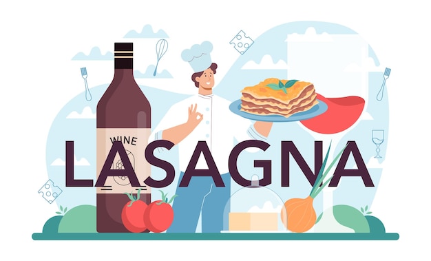 Lasagna typographic header italian delicious cuisine on the plate