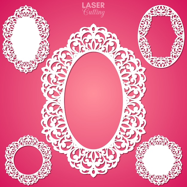 Laser cut  abstract oval frames with swirls,  ornament, vintage frame. May be used for laser cutting. Photo frames with lace for paper cutting.