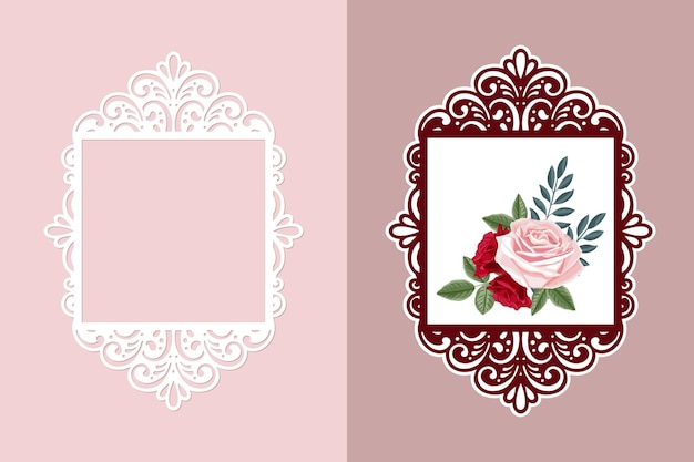 Laser cut lace square frame template Vintage background with rose flowers in an openwork frame vector