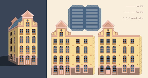 Vector laser cutting amsterdam style house stylized facades of old building paper carving vector template