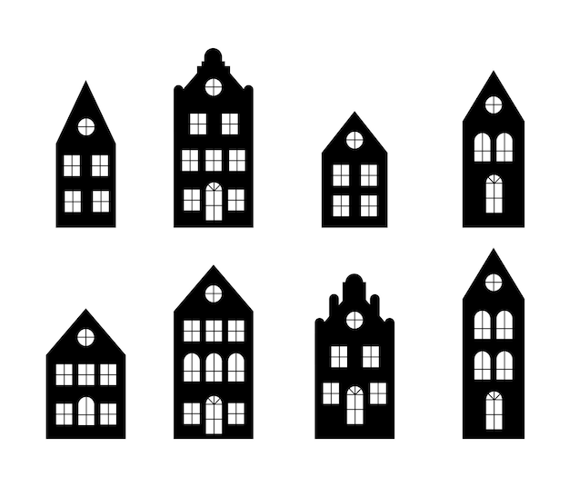 Laser cutting Amsterdam style houses Silhouette of a row of typical dutch canal view at Netherlands Stylized facades of old buildings