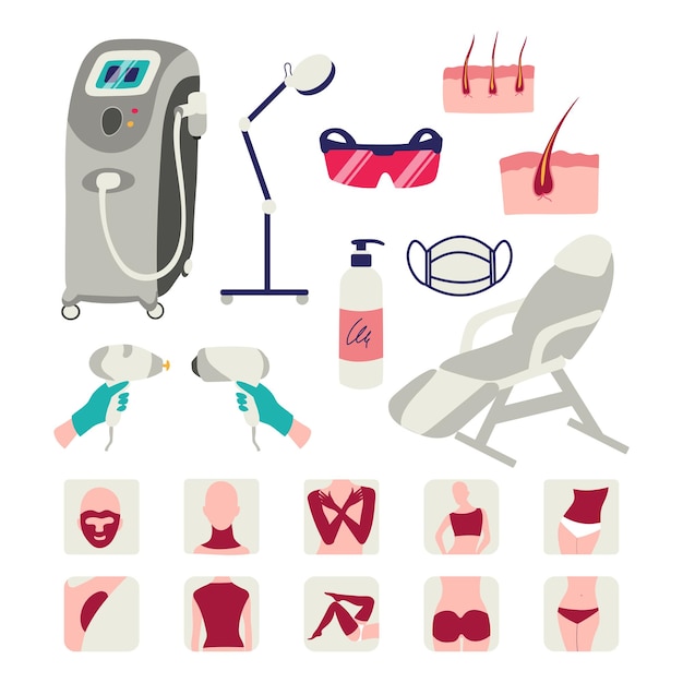 Laser hair removal icon set isolated on white background Vector illustration of equipment epilator gel goggles cosmetic chair lamp in simple flat style