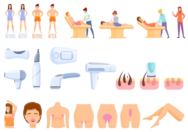 Laser hair removal icons set, cartoon style