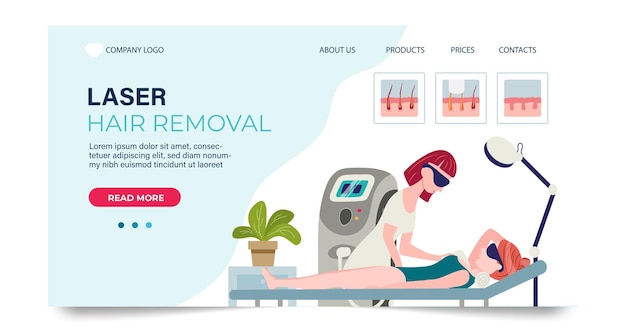 Laser hair removal landing page template Web page with vector illustration of a beautician doing armpit laser hair removal to a young woman