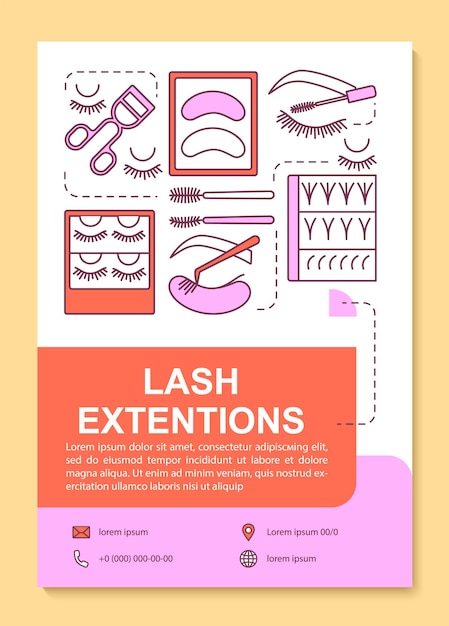 Lash extension poster template layout. False eyelashes, lashes dyeing procedure. Banner, booklet, leaflet print design with linear icons. Vector brochure page layout for magazines, advertising flyers