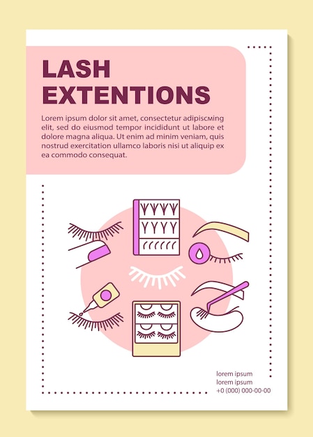 Lash extension poster template layout. False eyelashes packs and glue. Banner, booklet, leaflet print design with linear icons. Vector brochure page layout for magazines, advertising flyers