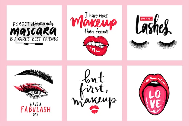 Lashes, mascara, makeup quote lettering with red lips biting, tongue out