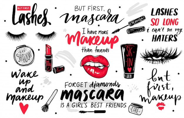 Lashes, mascara, makeup-set with eyes, red lips, lipstick, eyeshadow and quotes or phrases.