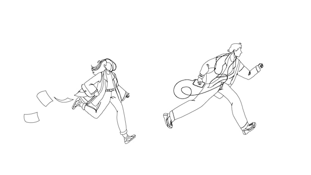 Late Person Man And Woman Running On Street Black Line Pencil Drawing Vector. Young Boy With Music Player And Girl With Briefcase Run And Late For Work Or Bus. Characters Businesspeople Illustration