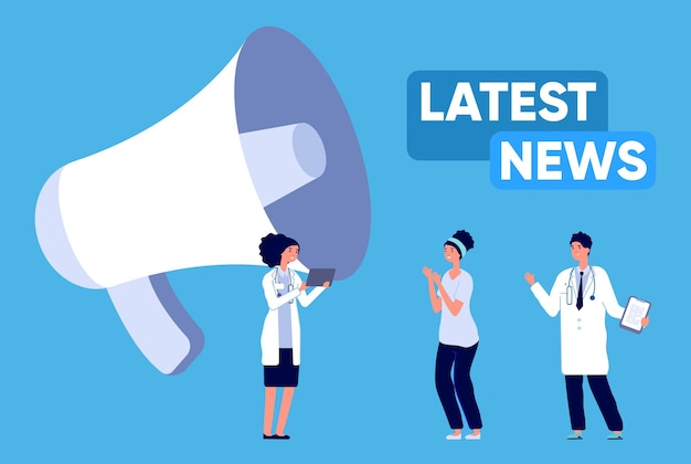 Latest news. Update medical breaking information, happy doctors communications. Megaphone and tiny people medical staff illustration. Final of epidemic vector concept. Medical news about coronavirus