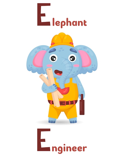 Latin alphabet ABC animal professions starting with e elephant engineer in cartoon style