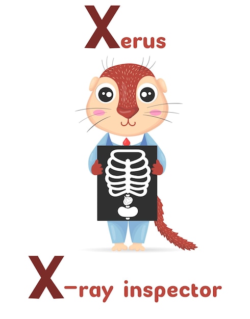 Latin alphabet ABC animal professions starting with letter x xerus xray inspector in cartoon style