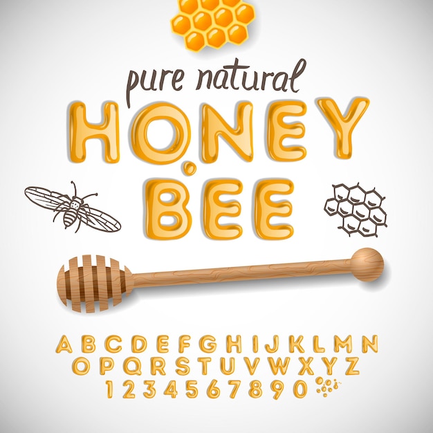 Latin alphabet and numbers made of honey vector illustration