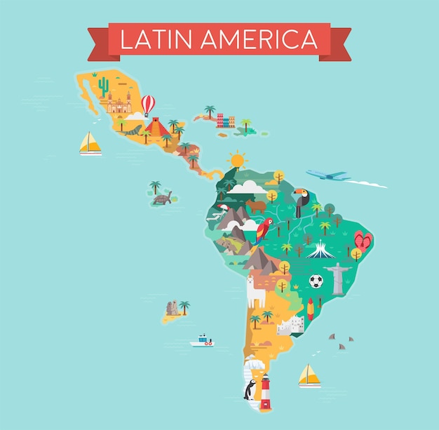 Latin America map. Tourist and travel landmarks, vector illustration.