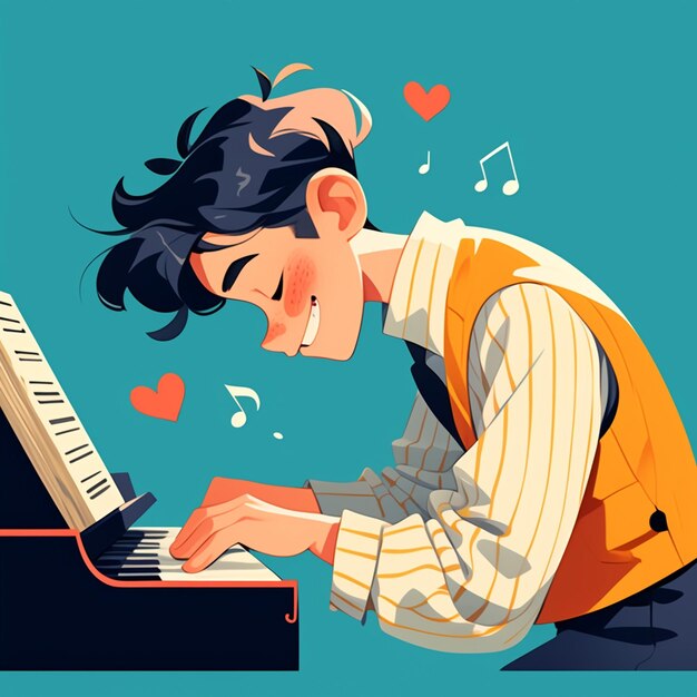 Vector latina boy in his 40s practicing piano