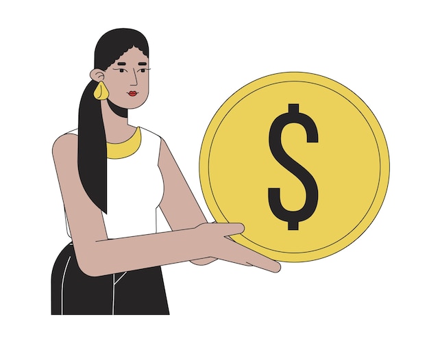 Latina girl with golden coin flat line color vector character Editable outline half body person with savings on white Simple cartoon spot illustration for web graphic design