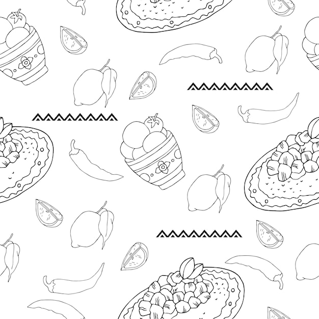 Latinamerican food linear black and white hand drawn seamless pattern