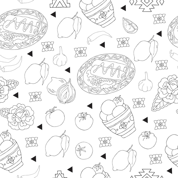 Latinamerican food linear black and white hand drawn seamless pattern