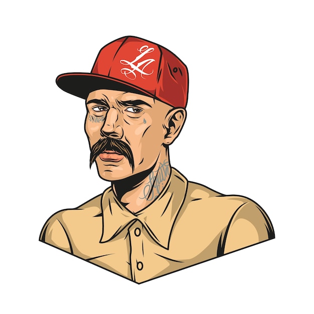 Latino man with mustache and tattoos wearing red baseball cap and shirt in vintage style isolated illustration