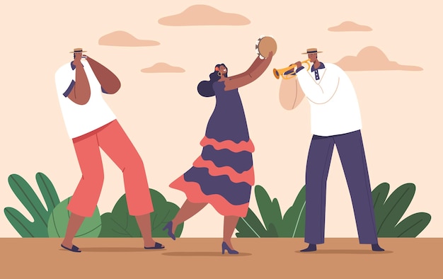 Latino Musician Characters Infuse Vibrant Rhythms And Melodies Reflecting Their Rich Cultural Heritage Creative Artists Playing Harmonica Trumpet and Tambourine Cartoon People Vector Illustration