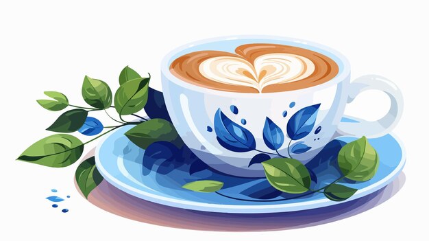 Latte Coffee in Blue Ceramic Mug and Saucer with Heart Shape