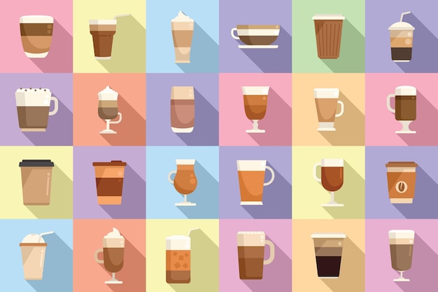 Latte icons set flat vector Coffee drink