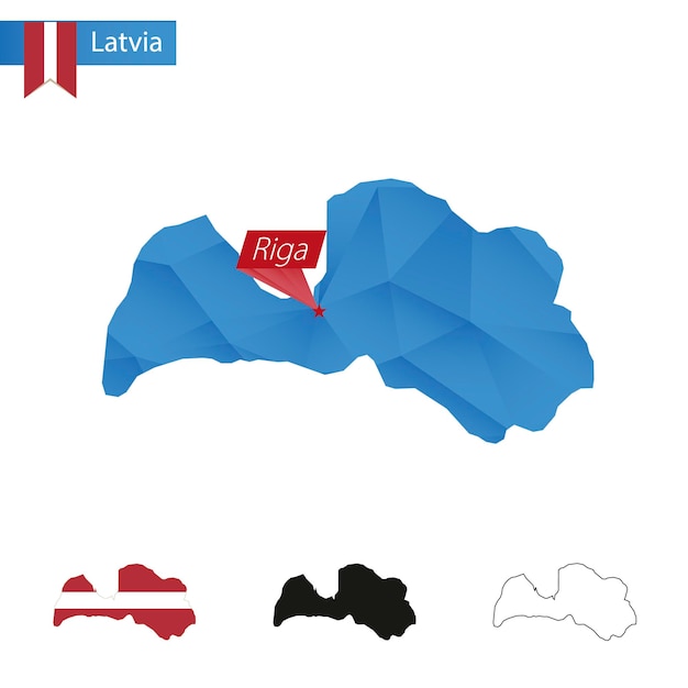 Latvia blue Low Poly map with capital Riga